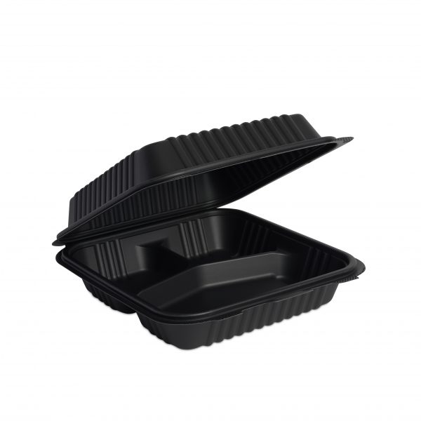Contenedor 8x8 (20.3x20.3cm) Color Negro con 3 Divisiones de Fécula de Maíz Caja con 200 pzas, biodegradable, envío incluido nacional (paquetexpress)